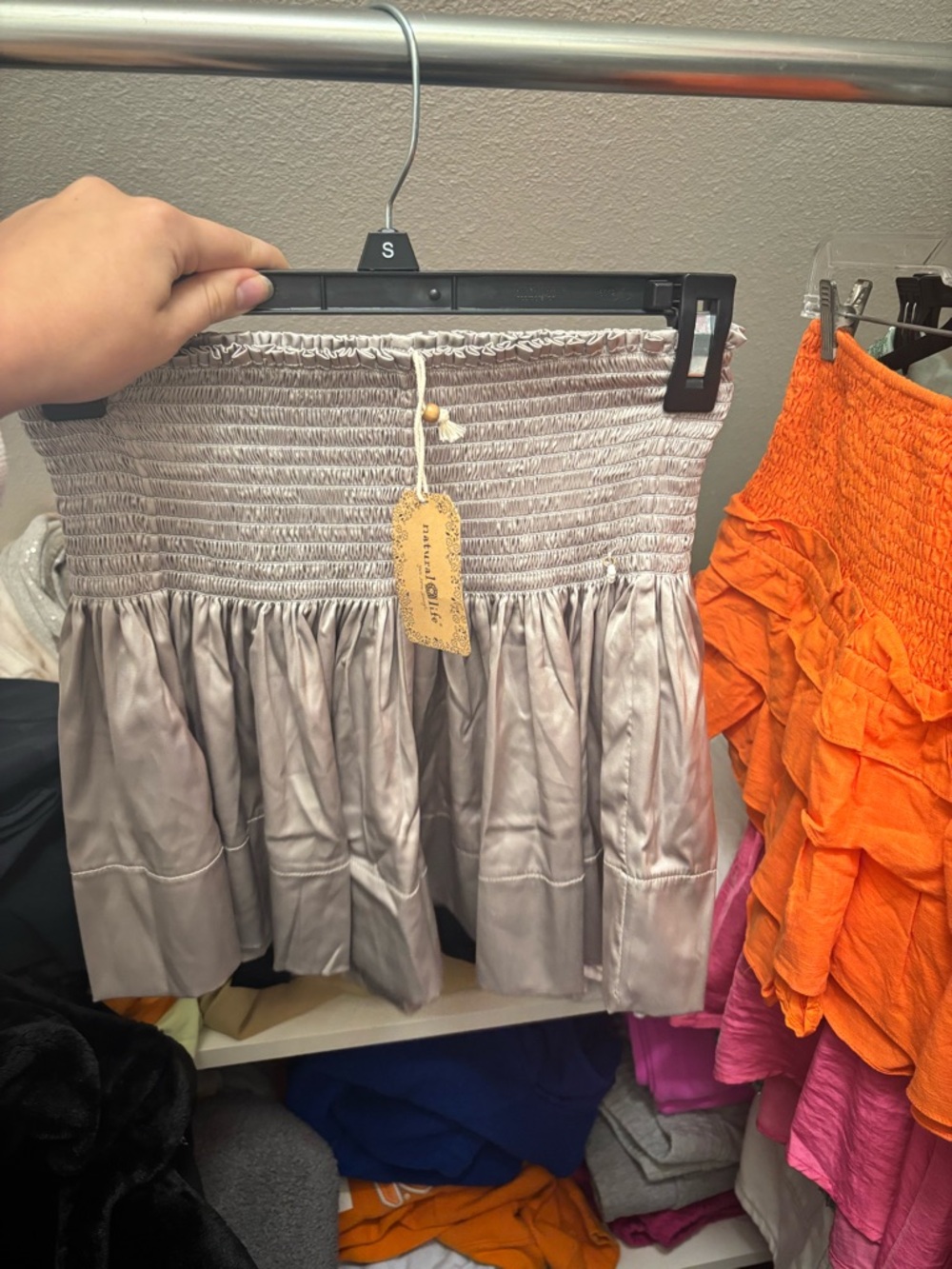 Natural Life Grey Smocked Satin Mini Skirt- NWT
